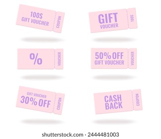 Set of vouchers and coupons for discounts, gifts, promotions for online store. 100$ gift voucher, cash back, percentage. Vector illustration.