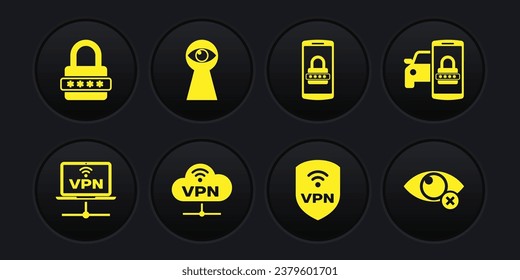 Set VPN Computer network, Smart car security system, Network cloud connection, Shield with wireless, Mobile and password and Keyhole eye icon. Vector