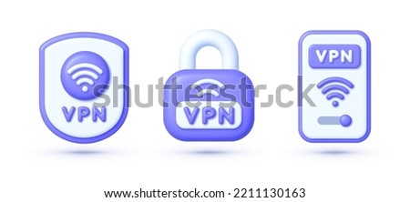 Set VPN icons in 3d style. Vpn Shield and lock with vpn icon. Safe for wifi and server. Wifi internet signal symbols in the security shield isolated on white background. Vector illustration