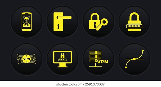 Set VPN with microchip circuit, Password protection, Monitor password, Server, Lock and key and Door handle icon. Vector