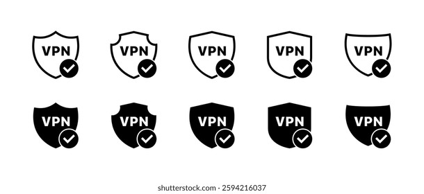 Set of vpn shield icons with checkmarks in black and white. Vector icon