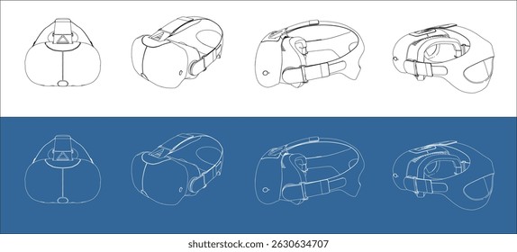 Set VR AR Smart Glasses and Headset – 3D Line Art Technical Blueprint Vector for Future Technology