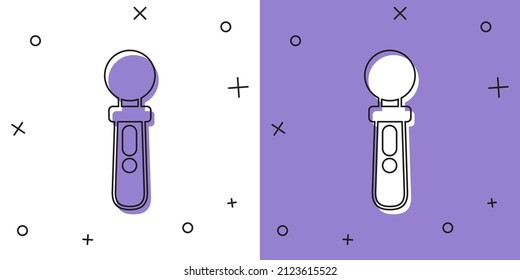 Set VR controller game icon isolated on white and purple background. Virtual reality experience, sensation of presence, position-tracking technology device.  Vector