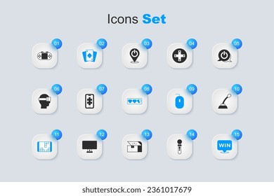 Set VR controller game, Mobile gaming, Playing cards, Portable video console, Medal, Microphone,  and Game life bar icon. Vector