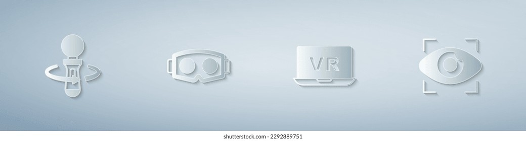 Set VR controller game, Virtual reality glasses,  and Big brother electronic eye. Paper art style. Vector
