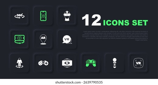 Set VR controller game, Virtual reality, Augmented AR, Gamepad, 3d modeling,  and Big brother electronic eye icon. Vector