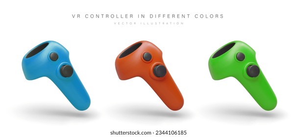 Conjunto de controladores VR de color azul, rojo y verde. Dispositivo para la interacción con la realidad virtual. Tecnología moderna. Aparato digital innovador. Imagen vectorial aislada