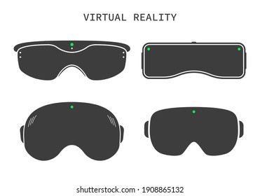 Set of vr glasses, flat icons. Vr goggles device for computer game. Headset of virtual reality. Vector