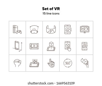 Set of VR icons. Man in VR glasses, 3D screen, robotic hand. Virtual reality concept. Vector illustration can be used for topics like VR, modern technologies, inventions