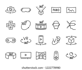 set of vr line icons ,such as 360 degree, virtual, reality, game