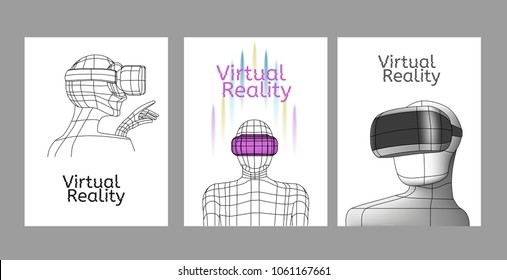 Set Vr posters. Man in virtual reality headset. Linear objects and elements. Vector illustration. Virtual reality world and simulation.