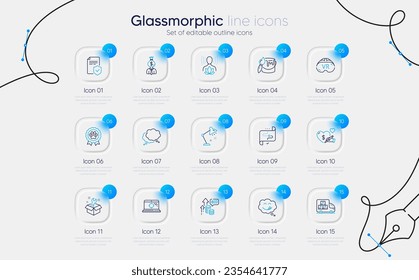 Set of Vr, Spanner and Delivery truck line icons for web app. Brush, Social care, Insurance policy icons. Yummy smile, Seo laptop, Speech bubble signs. Dog competition, Yoga balance. Vector