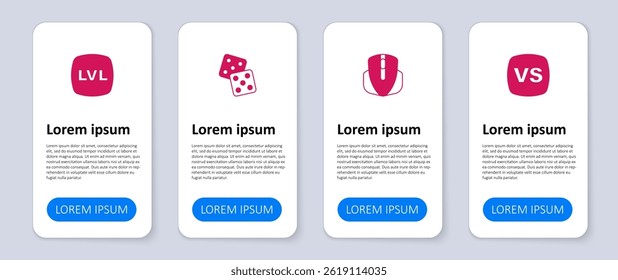 Set VS Versus battle, Computer mouse, Game dice and Level game. Business infographic template. Vector