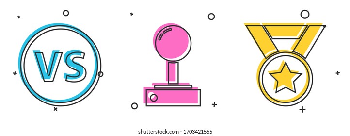 Set VS Versus battle, Joystick for arcade machine and Medal icon. Vector