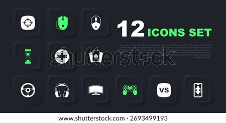 Set VS Versus battle, Mobile gaming, Game controller or joystick, Old hourglass, Headphones, Computer mouse and monitor icon. Vector