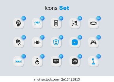 Set VS Versus battle, Portable video game console, Game controller joystick, life bar, Gear shifter, Power button and Chess shield icon. Vector