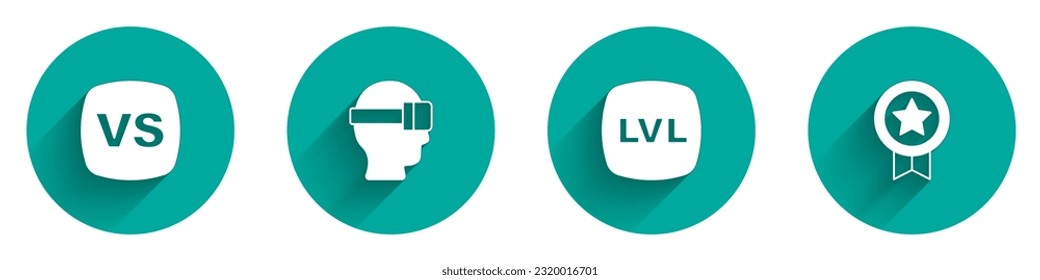 Set VS Versus battle, Virtual reality glasses, Level game and Game rating with medal icon with long shadow. Vector