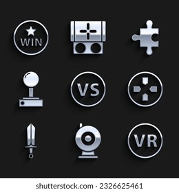 Set VS Versus battle, Web camera, Virtual reality glasses, Gamepad, Sword for game, Joystick arcade machine, Piece of puzzle and Medal icon. Vector