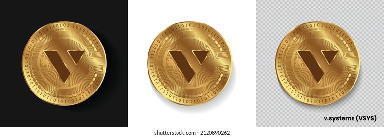 Conjunto de Vsystems VSYS cripto currency (vector de símbolo de la moneda de cifrado VSYS aislado en fondo blanco, oscuro y transparente). Puede utilizarse como pegatina de moneda dorada, icono, etiqueta, placa, diseño de impresión y emblema