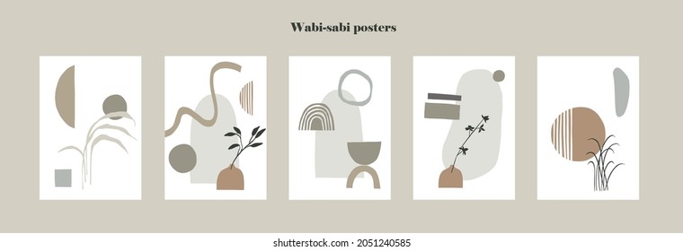 Set of wabi-sabi posters with simple and organic abstract shapes and flowers in vases. Best colors for wabi-sabi and japandi style. Contemporary vector Illustration