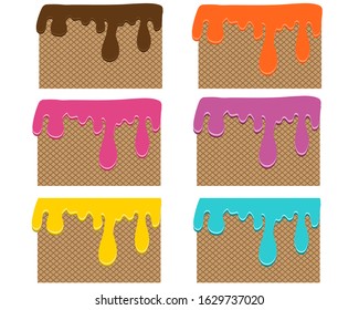 A set of wafers texture and colorful cream that melted on the top isolated on white background. Suitable for bakery, ice cream or desert menu.
