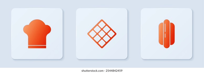 Set Waffle, Chef hat and Hotdog sandwich. White square button. Vector