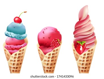Set of waffle cone ice cream with cherry, raspberry and strawberry topping. Vector