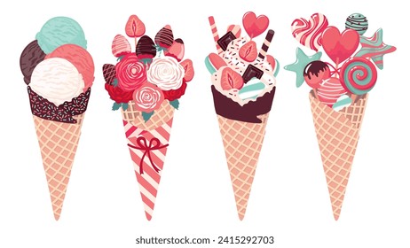 A set of waffle cones with ice cream, sweets, roses. Various fillers in waffle cones - a bouquet of roses, ice cream with marshmallows and sprinkles, lollipops and candies. Illustrated vector clipart.