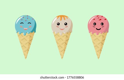 Set waffle ice cream cartoon kawaii style. Strawberry pink, blue mint and white. Vector illustration in a flat style.
