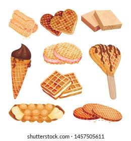 Set of waffle sweets. Vector illustration on white background.