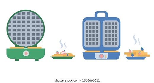 Set of waffleirons and plates of waffles Flat vector illustration