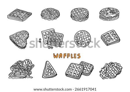 Set of waffles in doodle style. Vienna and Belgian waffles. Breakfast. Viennese waffles in various shapes and with different fillings. Dessert