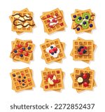 Set of waffles with fruits isolated on white background
