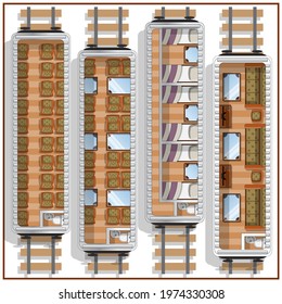 A set of wagon interiors. View from above. Isolated on white background. Vector illustration.