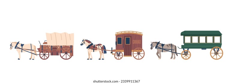 Set Of Wagons Isolated On White Background. Sturdy And Practical Horse-drawn Vehicles, Cartoon Vector Illustration