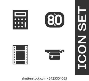 Set Waist bag of banana, Calculator, Play Video and 80s Retro icon. Vector