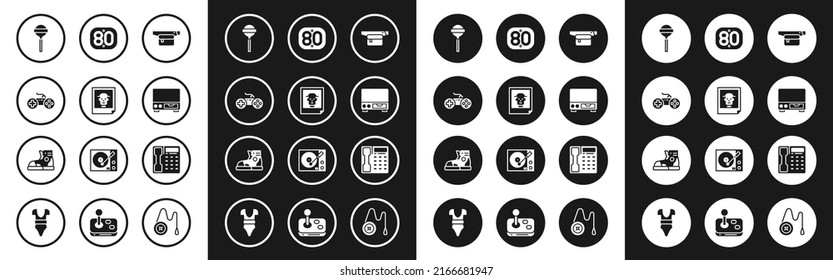 Set Waist bag of banana, Photo, Gamepad, Lollipop, Old video cassette player, 80s Retro, Telephone handset and Sport sneakers icon. Vector