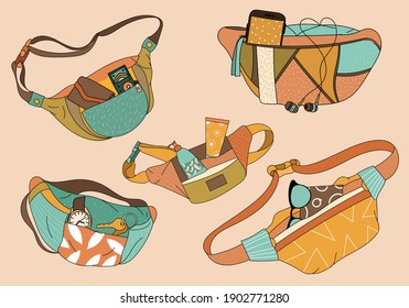 Set of waist bags with assorted contents