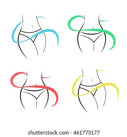 Set of the waist of slender girls surrounded in a color thin ribbon. Vector. Hand drawn. For web use and printing. Line art