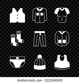 Set Waistcoat, Shirt, T-shirt, Men underpants, Winter hat, Undershirt, Socks and Pants icon. Vector