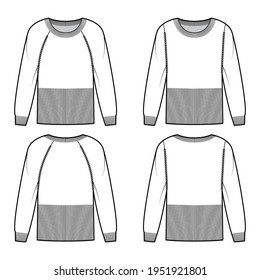 Set of Waisted Sweaters technical fashion illustration with rib round neck, long sleeves, fitted body, hip length, knit trim. Flat apparel front, back, white color style. Women, men unisex CAD mockup