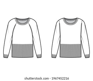 Set of Waisted Sweaters technical fashion illustration with rib round neck, long sleeves, fitted body, hip length, knit trim. Flat apparel front, white color style. Women, men unisex CAD mockup
