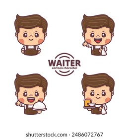 set waiter cartoon character design with different poses and expressions. vector illustration in outline style