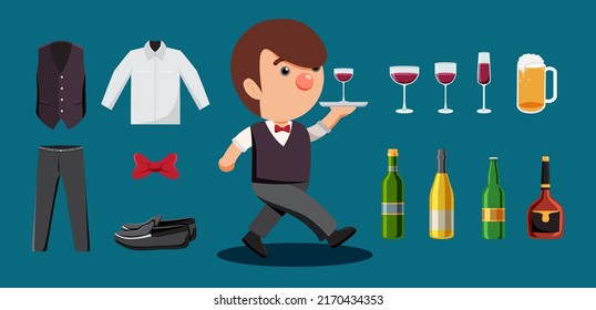 Set of Waiter character design. Restaurant staff in the uniform and equipment. Objects isolated on a blue background.
