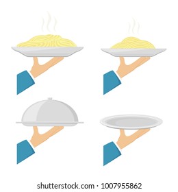 Set of waiter hands with trays and plates with pasta, illustration.