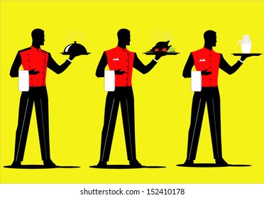 A set of waiter holding a tray with various  uniform. Dish up various cuisine