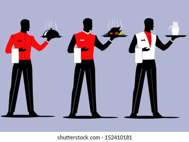 A set of waiter holding a tray with various  uniform. Dish up various cuisine