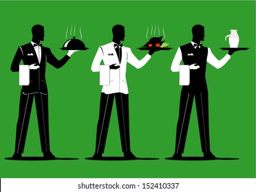 A set of waiter holding a tray with various  uniform. Dish up various cuisine