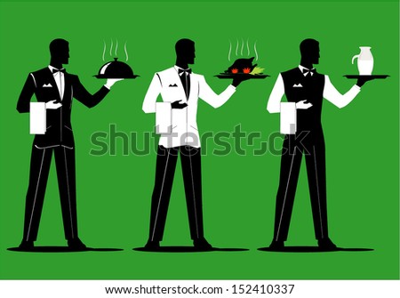 A set of waiter holding a tray with various  uniform. Dish up various cuisine