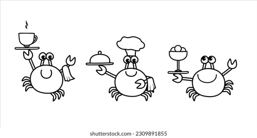 Set of waiters. Cheerful crabs serves food, drink and dessert. Outline of a smiling sea animals with a tray and a towel, tea, ice cream. Doodle.